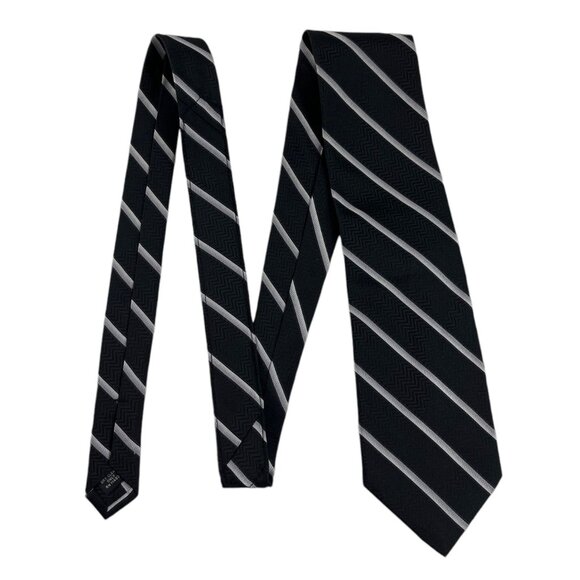Pronto Uomo Men's 100% Silk Repp Necktie Tie Stripes Black and Silver 4" x 57" - Picture 1 of 9